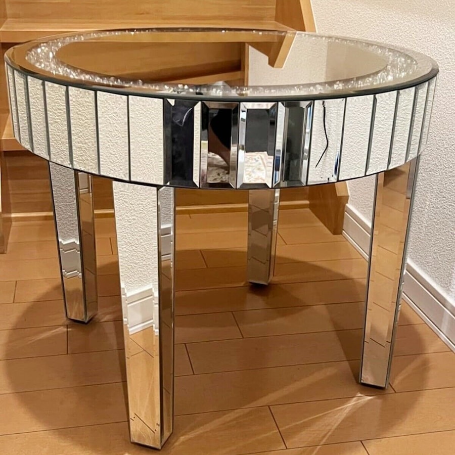 FIN Large Round Silver Mirrored Coffee Table Shining Diamond Embedded Center Table