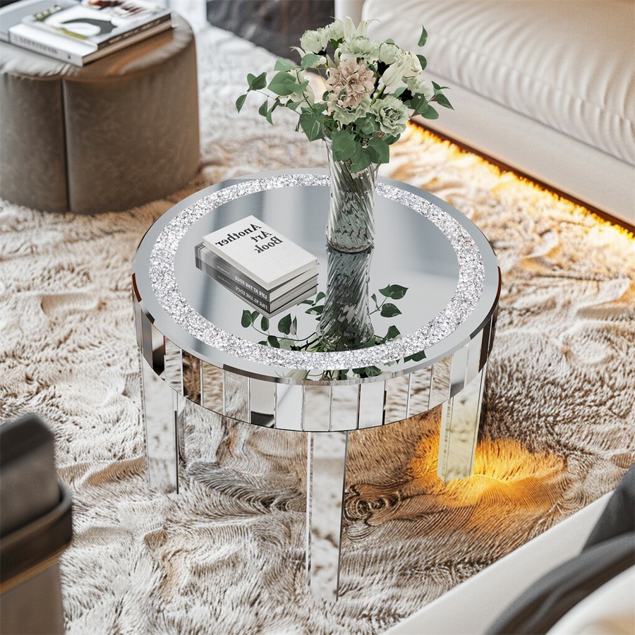 FIN Large Round Silver Mirrored Coffee Table Shining Diamond Embedded Center Table