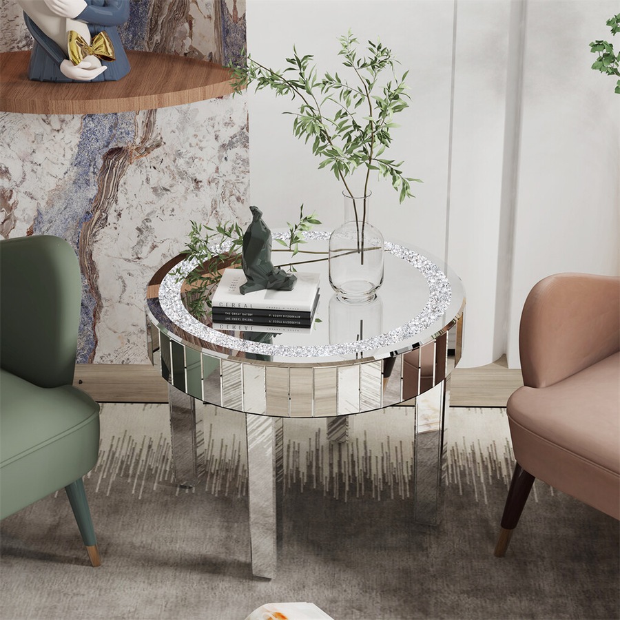 FIN Large Round Silver Mirrored Coffee Table Shining Diamond Embedded Center Table