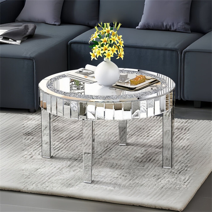 FIN Large Round Silver Mirrored Coffee Table Shining Diamond Embedded Center Table