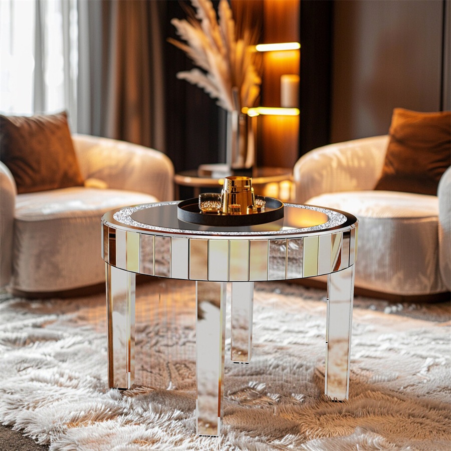 FIN Large Round Silver Mirrored Coffee Table Shining Diamond Embedded Center Table
