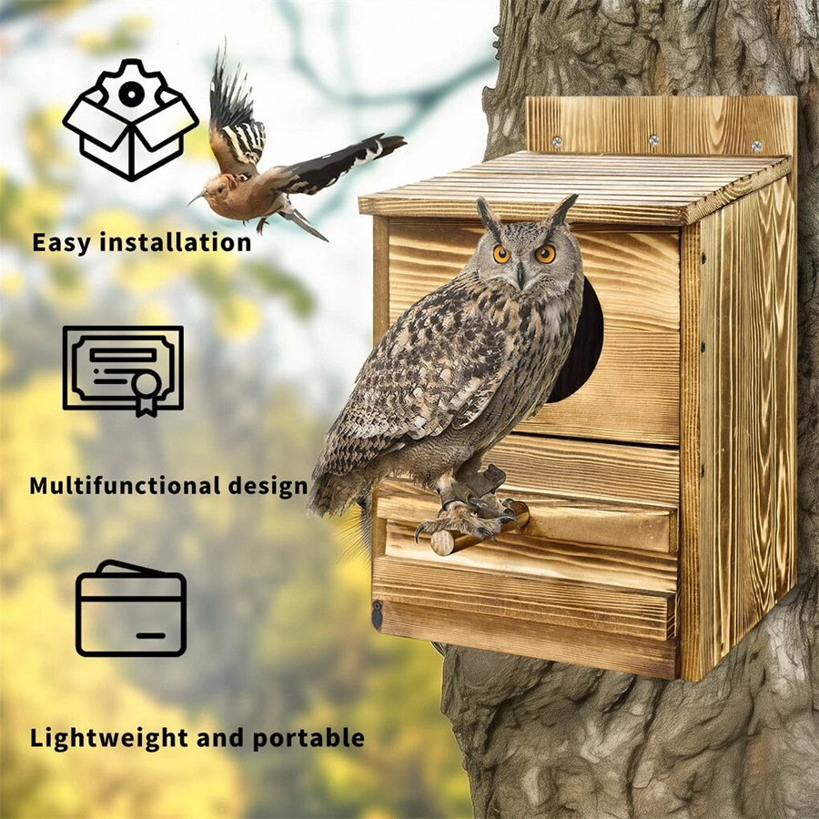 Large Wooden Screech Owl House Nesting Box with Perch - Outdoor Birdhouse for Garden Trees