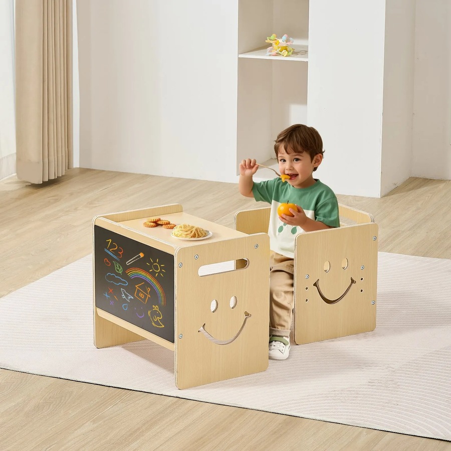 Montessori Weaning Table and Chair Set, 3 In 1 Wooden Toddler Table and Chairs with Chalkboard, Adjustable Height Montessori Table for Ages 1-5, Ideal for Drawing, Reading, Eating - Natural
