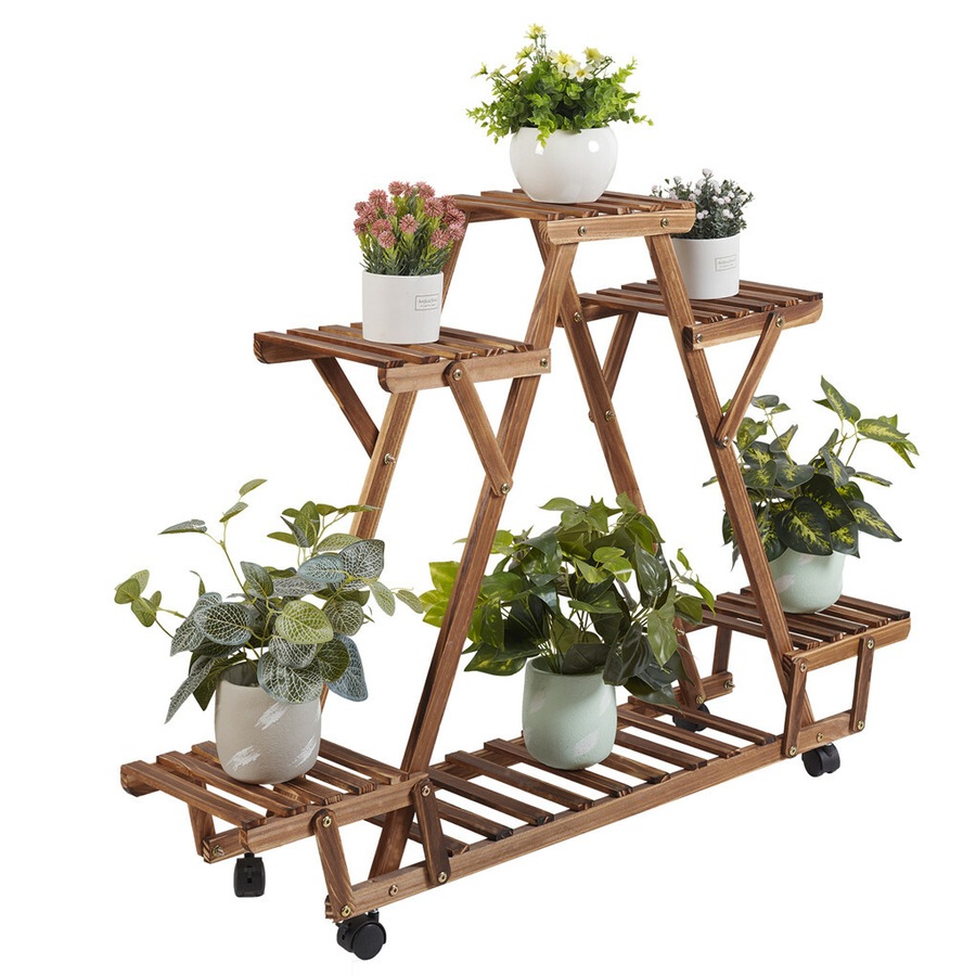 Multilayer Pyramid Plant Stand 4 Wheels Rolling Flower Shelf Rack Corner Balcony