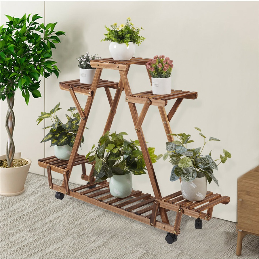 Multilayer Pyramid Plant Stand 4 Wheels Rolling Flower Shelf Rack Corner Balcony