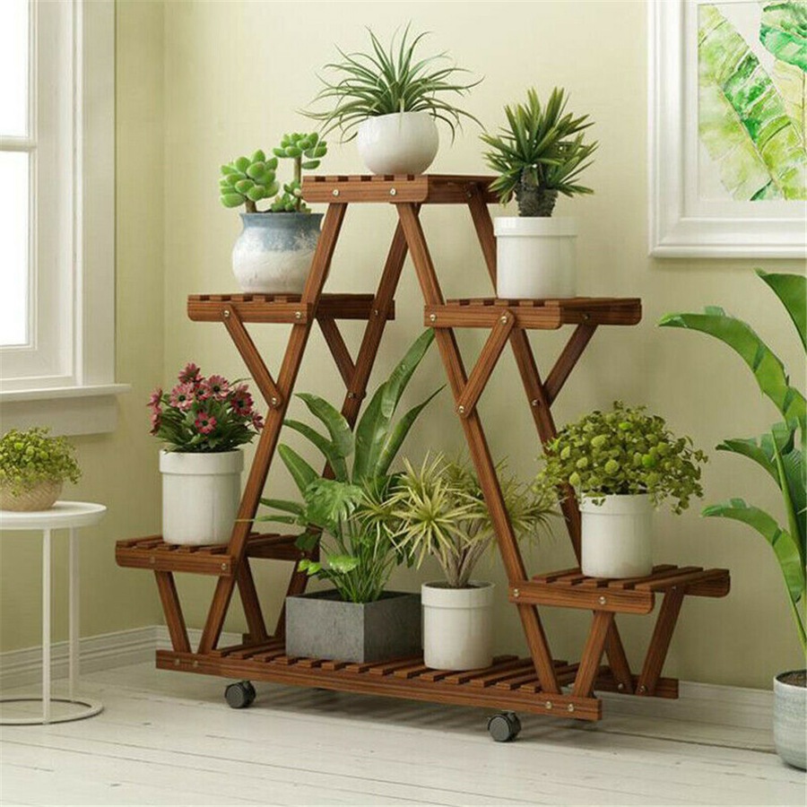 Multilayer Pyramid Plant Stand 4 Wheels Rolling Flower Shelf Rack Corner Balcony