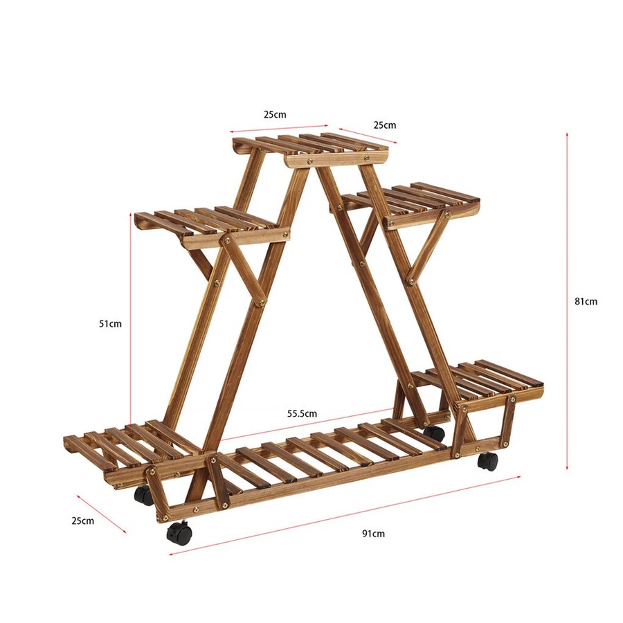 Multilayer Pyramid Plant Stand 4 Wheels Rolling Flower Shelf Rack Corner Balcony