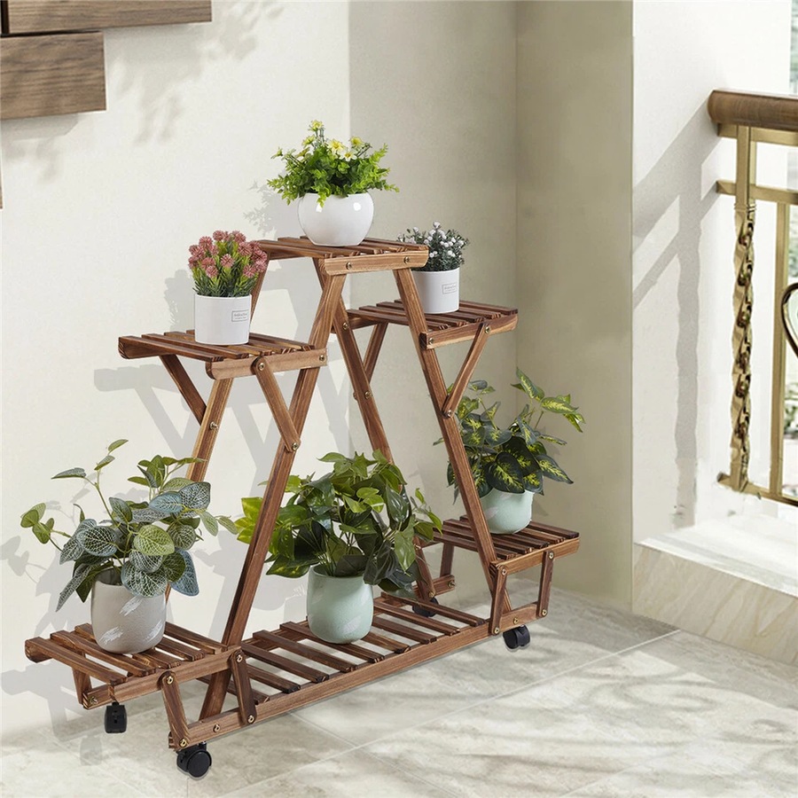 Multilayer Pyramid Plant Stand 4 Wheels Rolling Flower Shelf Rack Corner Balcony
