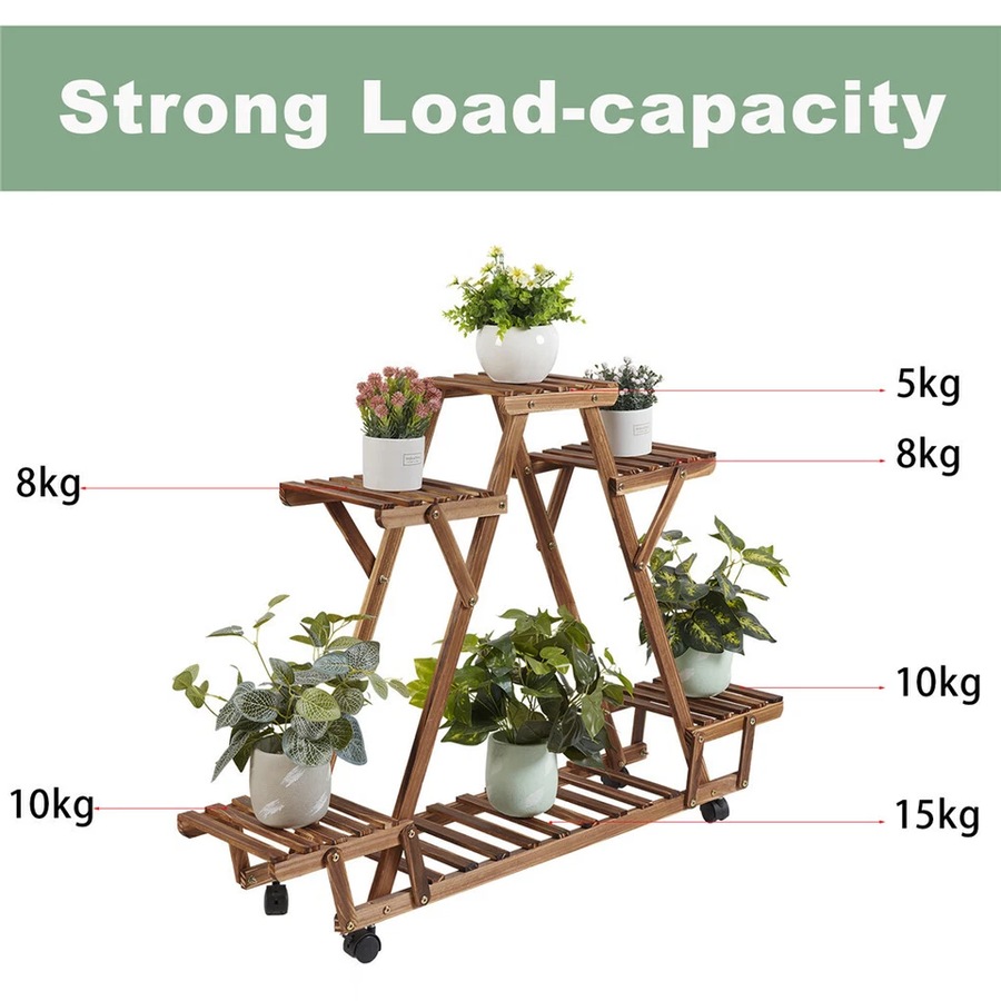 Multilayer Pyramid Plant Stand 4 Wheels Rolling Flower Shelf Rack Corner Balcony