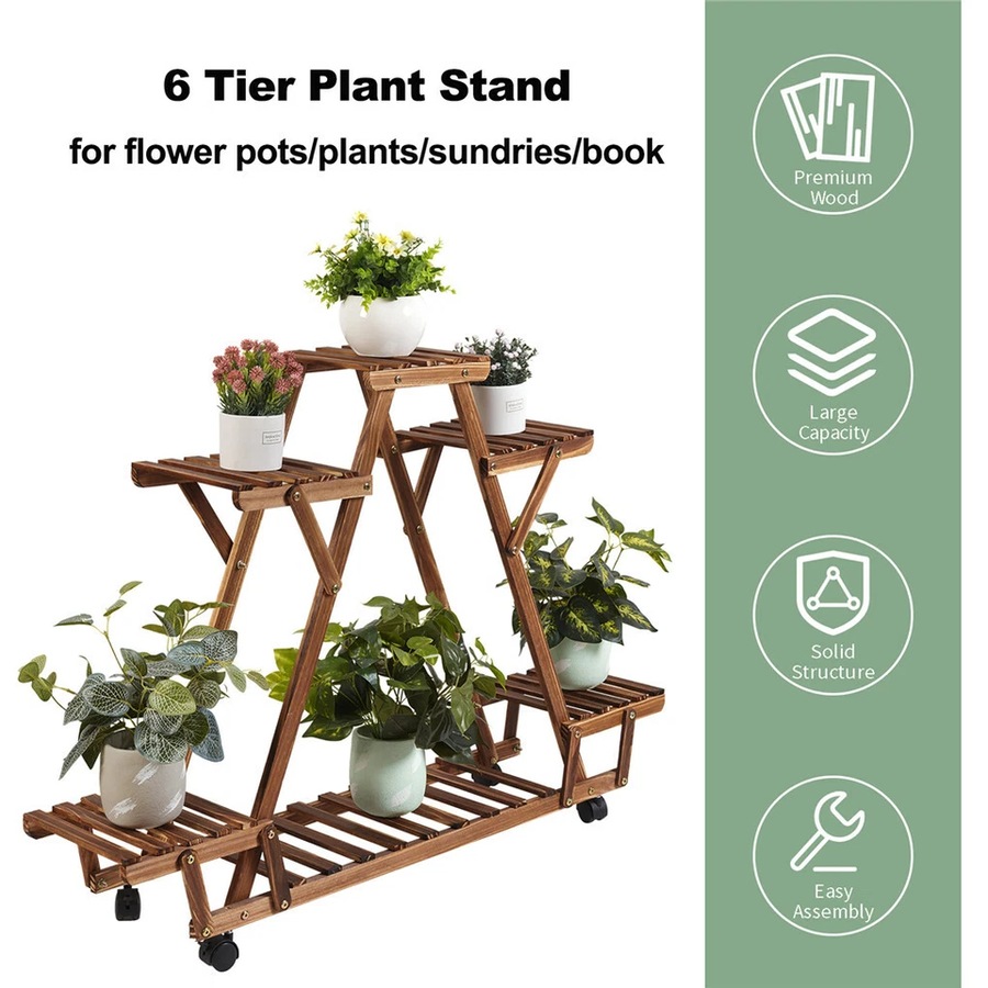 Multilayer Pyramid Plant Stand 4 Wheels Rolling Flower Shelf Rack Corner Balcony
