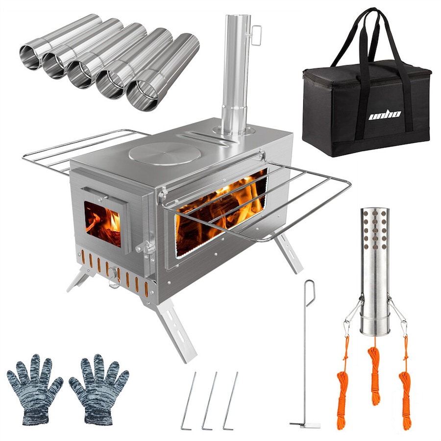 FIN Portable Camping Tent Stove Stainless Steel Wood Burning Stove w/ 7 Chimney Pipe