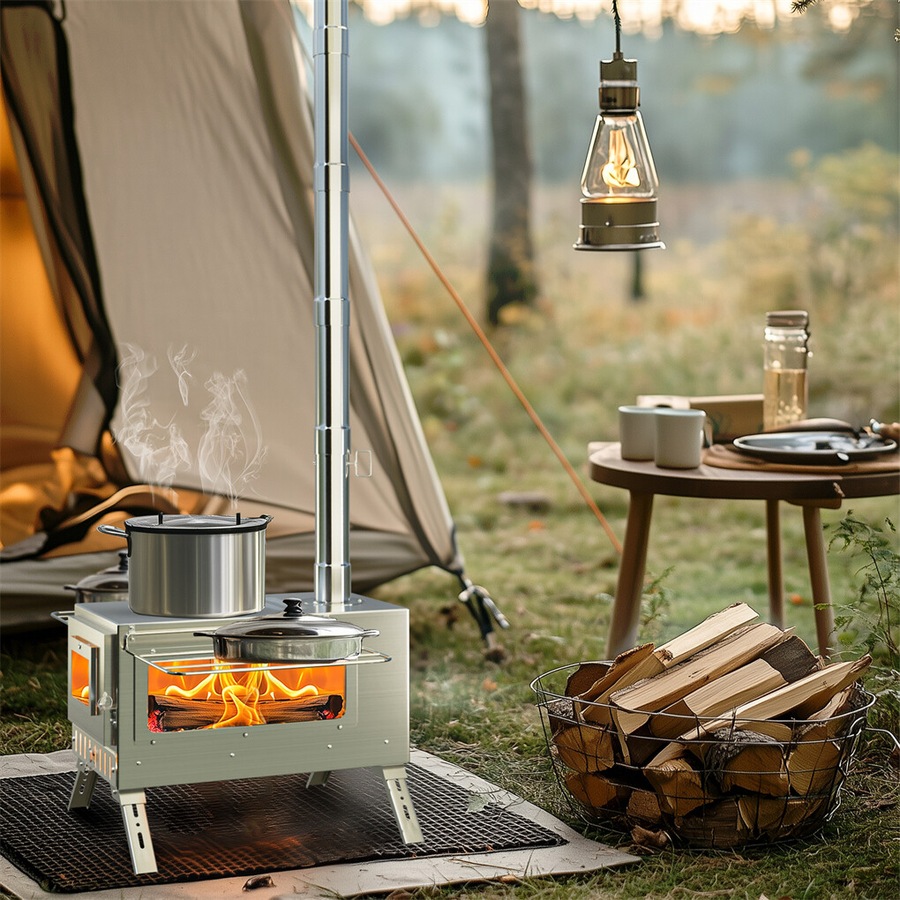 FIN Portable Camping Tent Stove Stainless Steel Wood Burning Stove w/ 7 Chimney Pipe