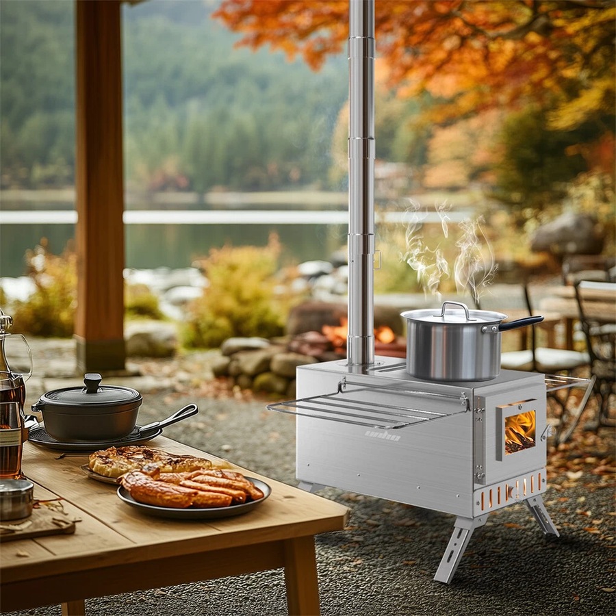 FIN Portable Camping Tent Stove Stainless Steel Wood Burning Stove w/ 7 Chimney Pipe