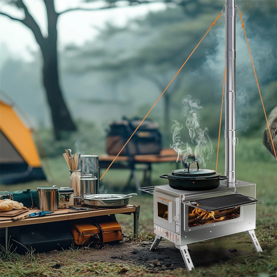 FIN Portable Camping Tent Stove Stainless Steel Wood Burning Stove w/ 7 Chimney Pipe