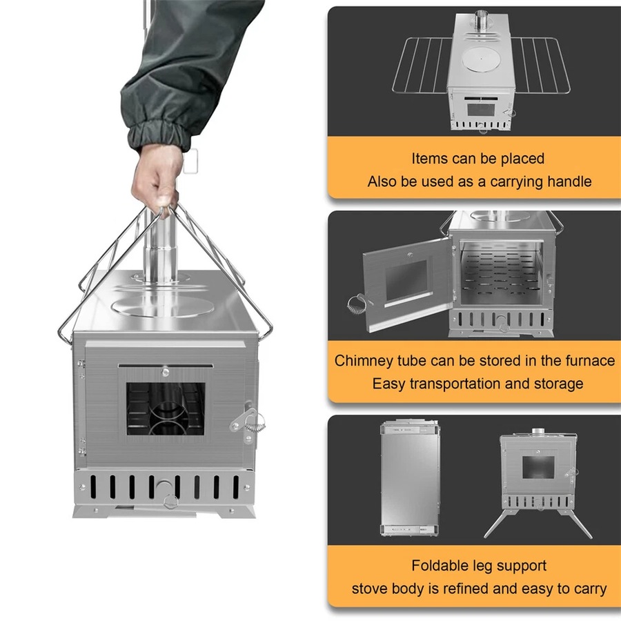 FIN Portable Camping Tent Stove Stainless Steel Wood Burning Stove w/ 7 Chimney Pipe