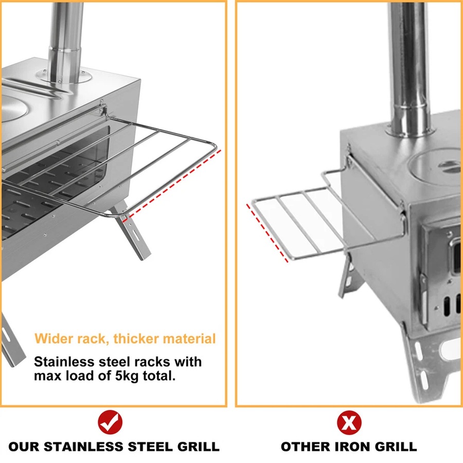 FIN Portable Camping Tent Stove Stainless Steel Wood Burning Stove w/ 7 Chimney Pipe