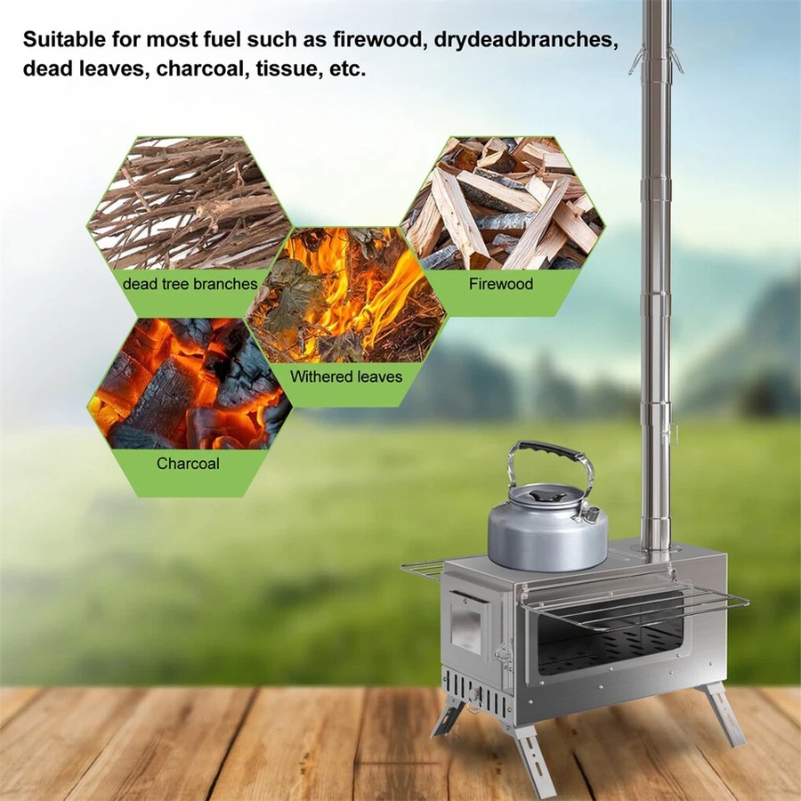 FIN Portable Camping Tent Stove Stainless Steel Wood Burning Stove w/ 7 Chimney Pipe