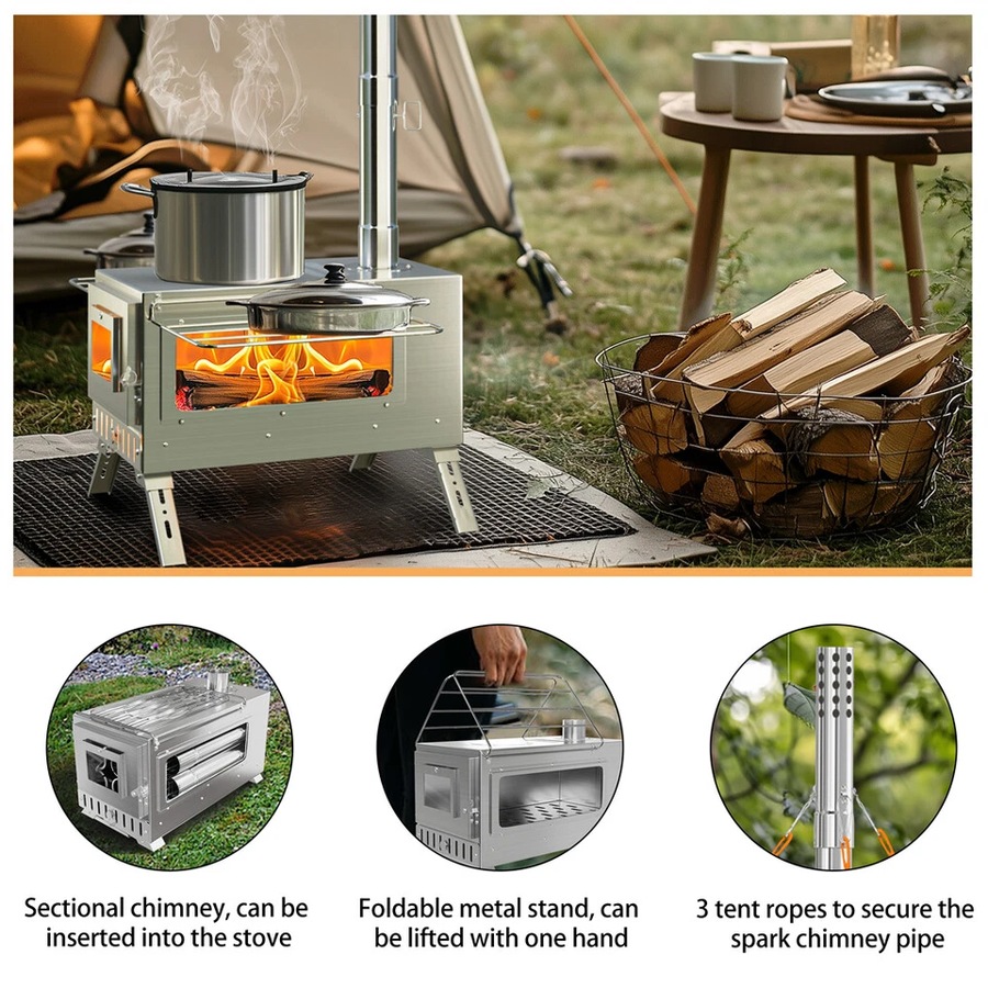 FIN Portable Camping Tent Stove Stainless Steel Wood Burning Stove w/ 7 Chimney Pipe