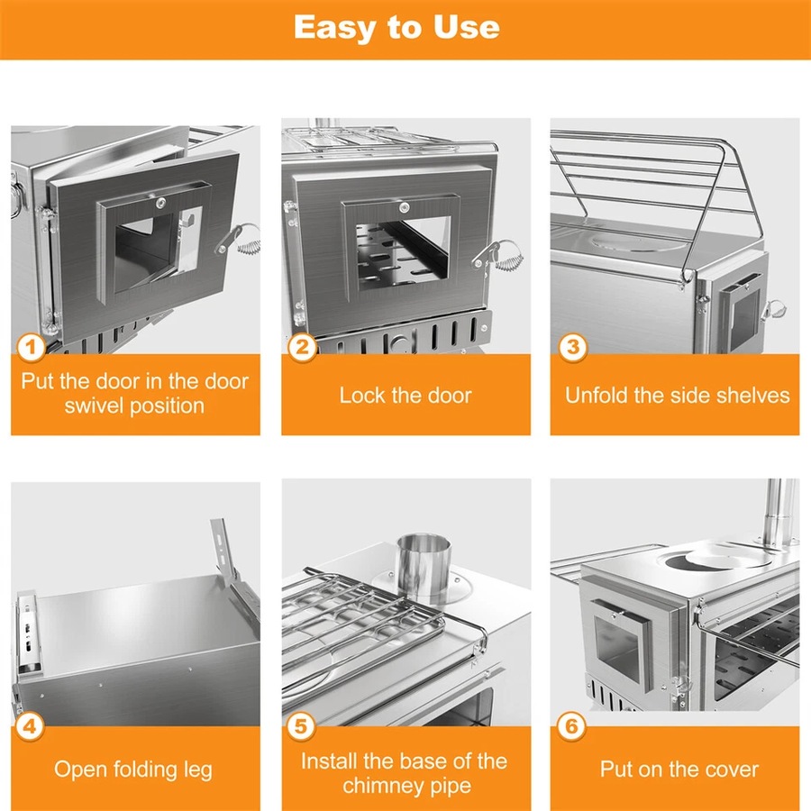 FIN Portable Camping Tent Stove Stainless Steel Wood Burning Stove w/ 7 Chimney Pipe