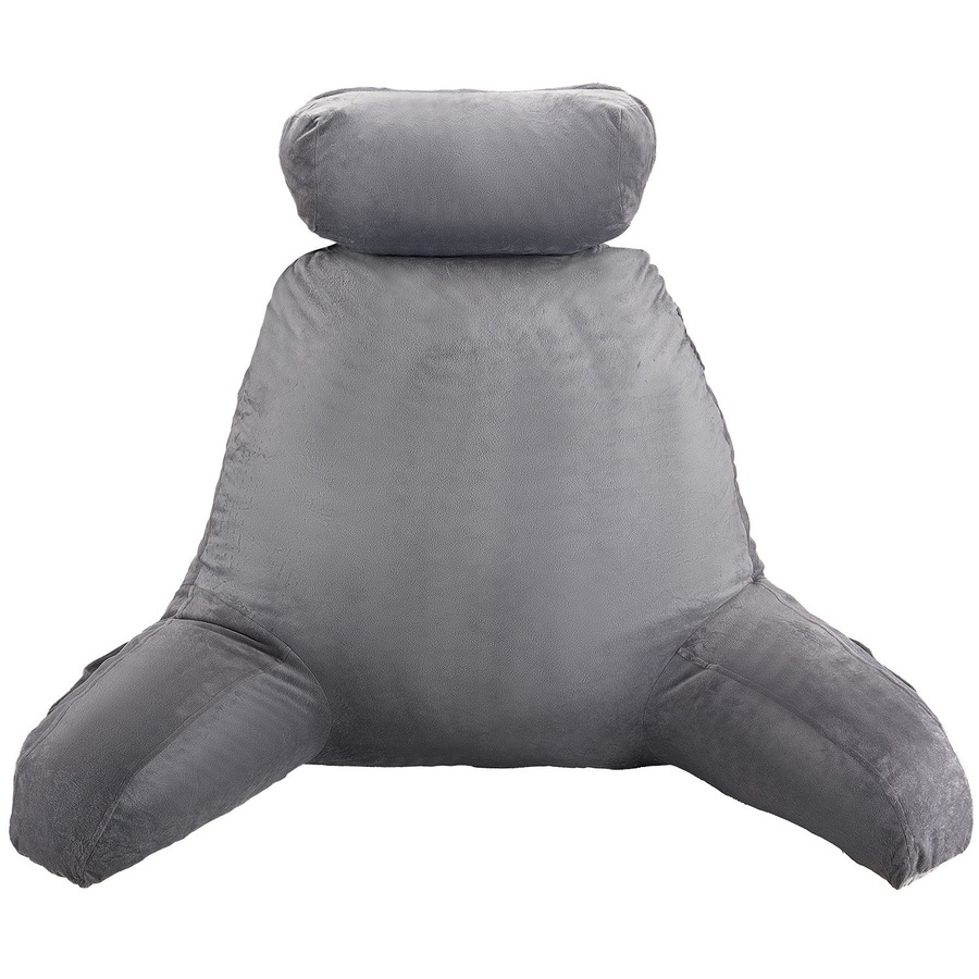 Reading Pillow Large Bed Backrest Pillow with Removable Headrest, Shredded Memory Foam Back Pillow with 3 Pockets and Carry Handle, Washable Velvet Reading Support Pillow, Grey