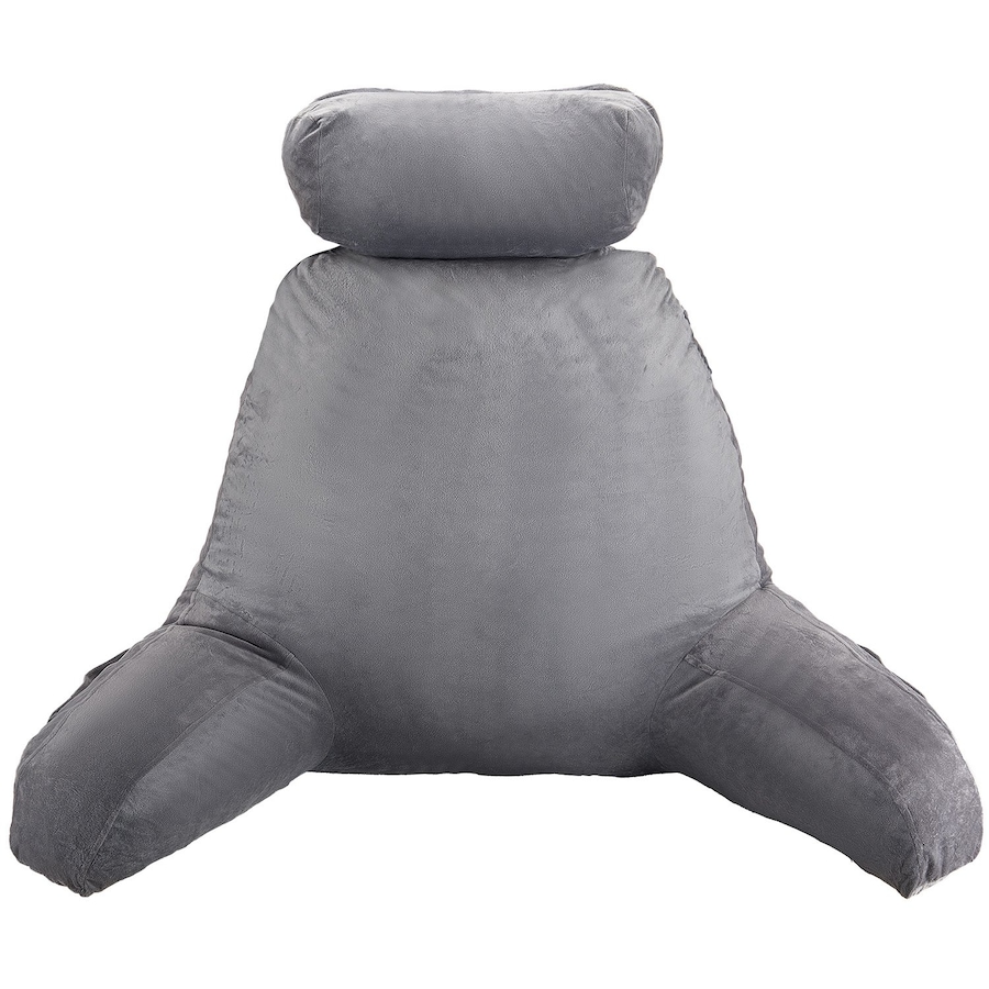 Reading Pillow Large Bed Backrest Pillow with Removable Headrest, Shredded Memory Foam Back Pillow with 3 Pockets and Carry Handle, Washable Velvet Reading Support Pillow, Grey