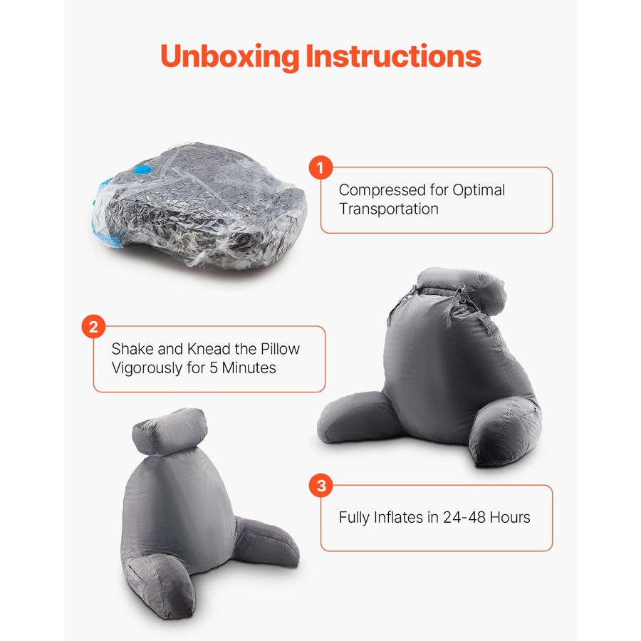 Reading Pillow Large Bed Backrest Pillow with Removable Headrest, Shredded Memory Foam Back Pillow with 3 Pockets and Carry Handle, Washable Velvet Reading Support Pillow, Grey