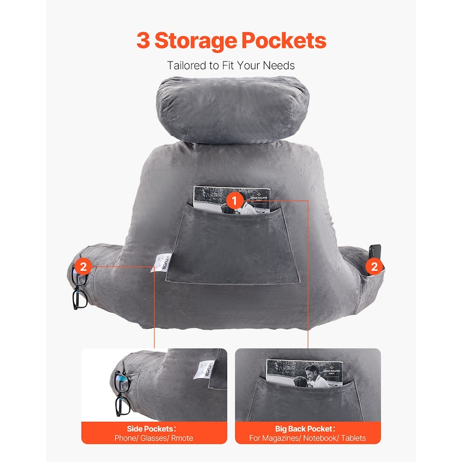 Reading Pillow Large Bed Backrest Pillow with Removable Headrest, Shredded Memory Foam Back Pillow with 3 Pockets and Carry Handle, Washable Velvet Reading Support Pillow, Grey