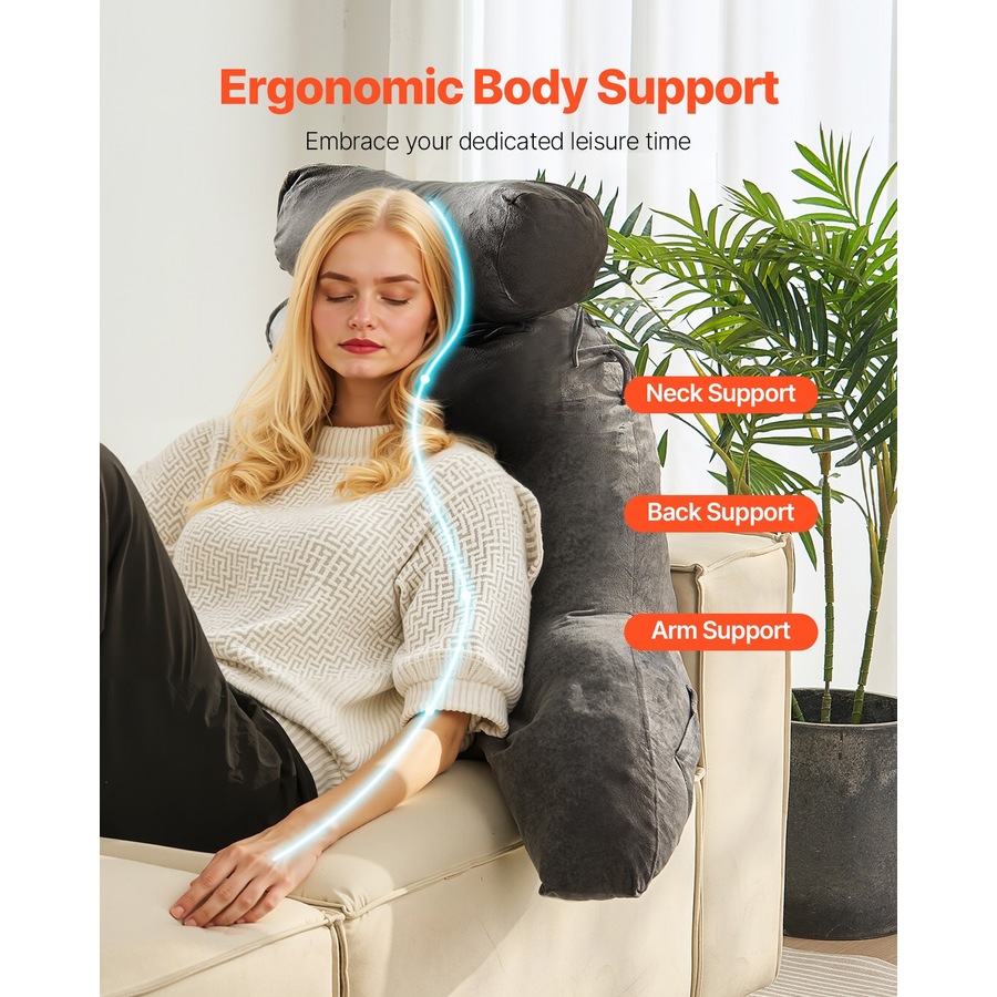 Reading Pillow Large Bed Backrest Pillow with Removable Headrest, Shredded Memory Foam Back Pillow with 3 Pockets and Carry Handle, Washable Velvet Reading Support Pillow, Grey