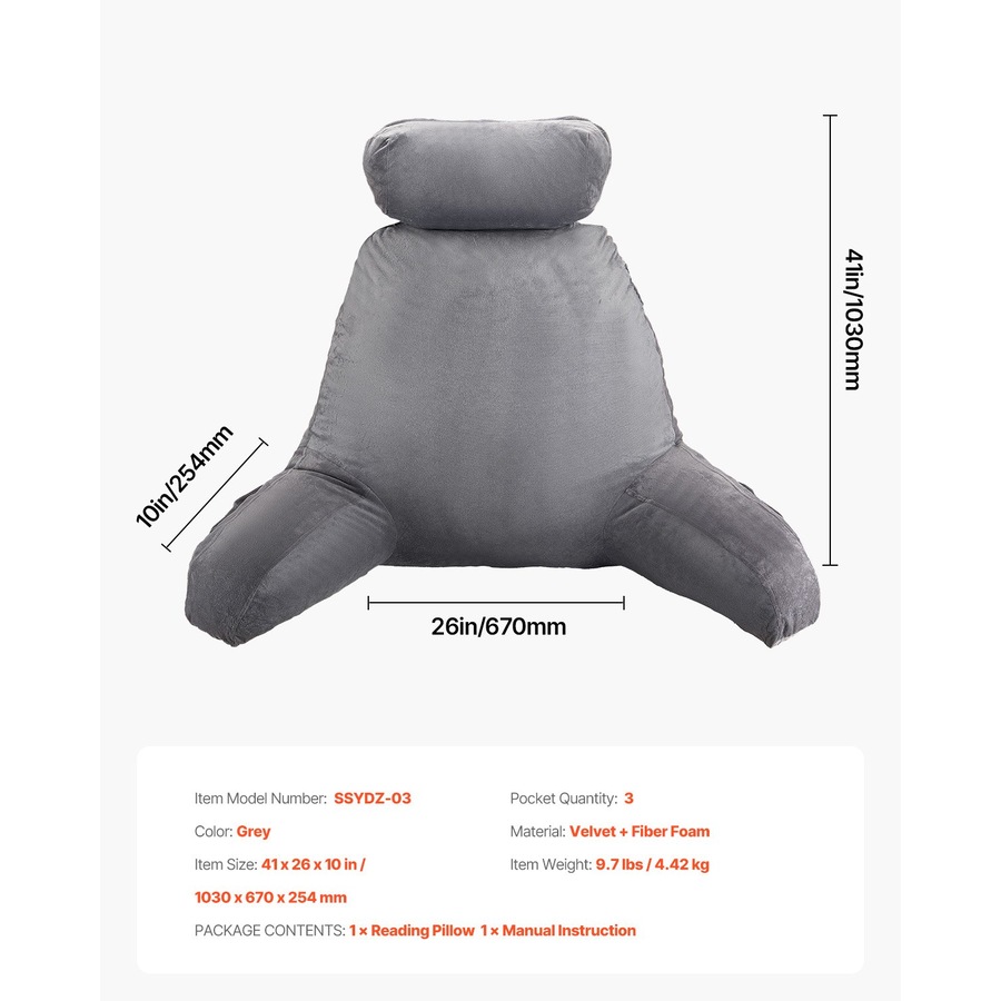 Reading Pillow Large Bed Backrest Pillow with Removable Headrest, Shredded Memory Foam Back Pillow with 3 Pockets and Carry Handle, Washable Velvet Reading Support Pillow, Grey