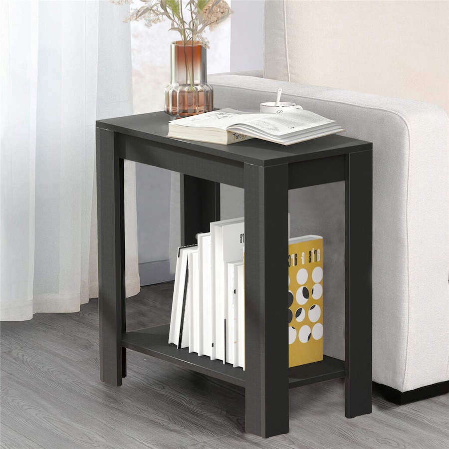 Retro Chairside End Table Slim Sofa Side Table Bedside Nightstand with Open Shelf