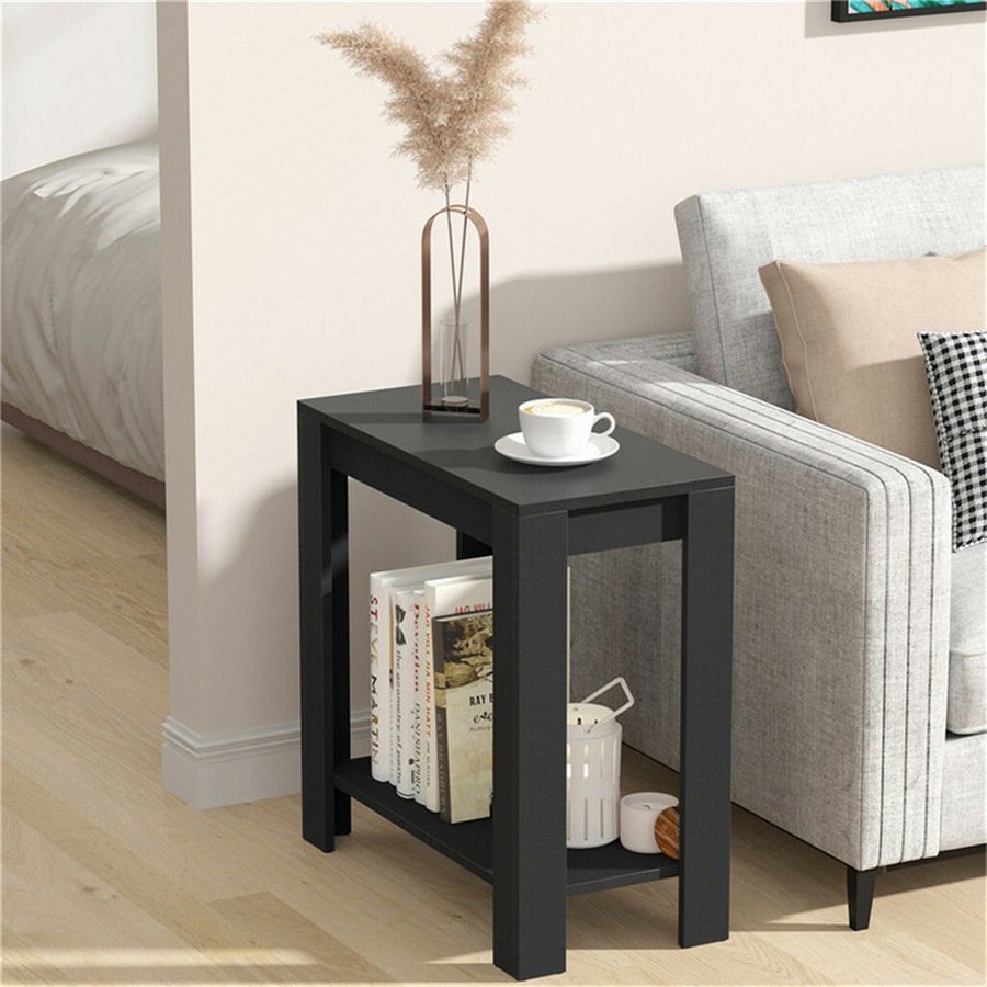 Retro Chairside End Table Slim Sofa Side Table Bedside Nightstand with Open Shelf