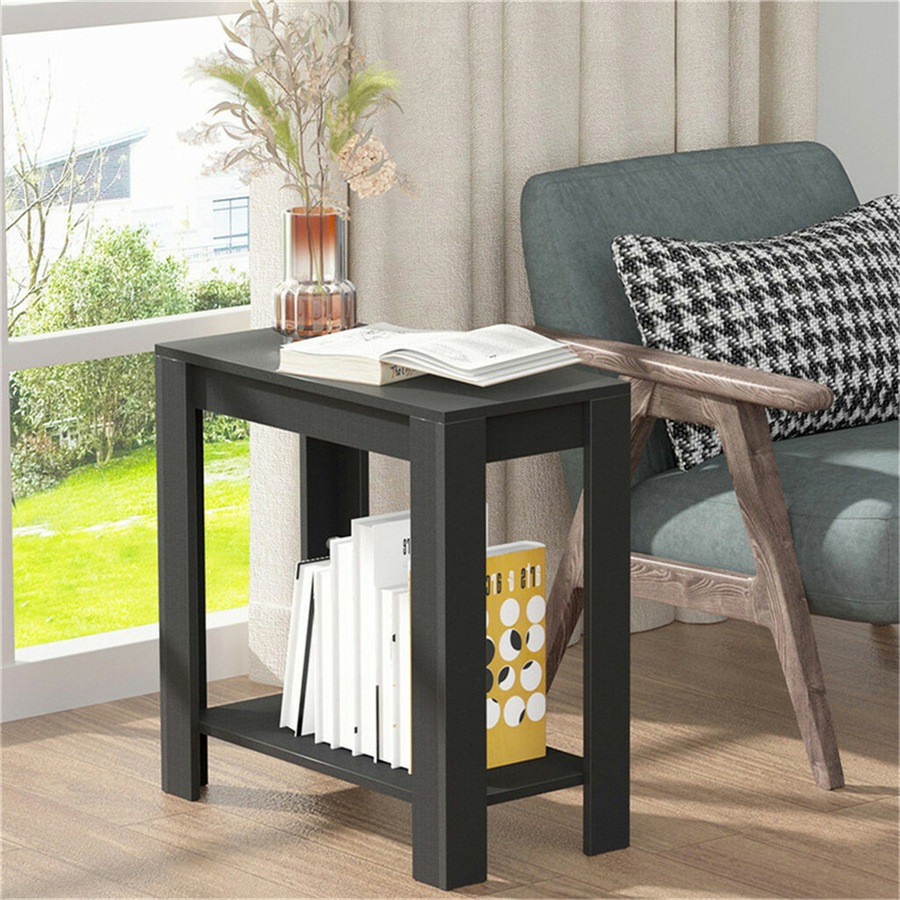 Retro Chairside End Table Slim Sofa Side Table Bedside Nightstand with Open Shelf