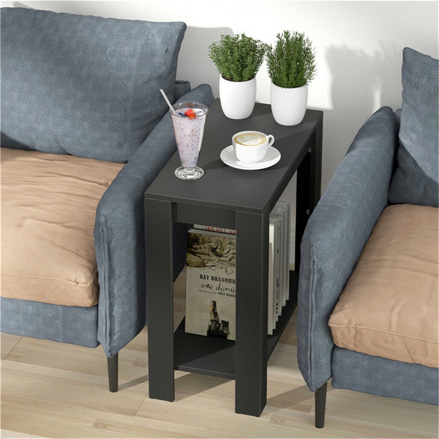 Retro Chairside End Table Slim Sofa Side Table Bedside Nightstand with Open Shelf