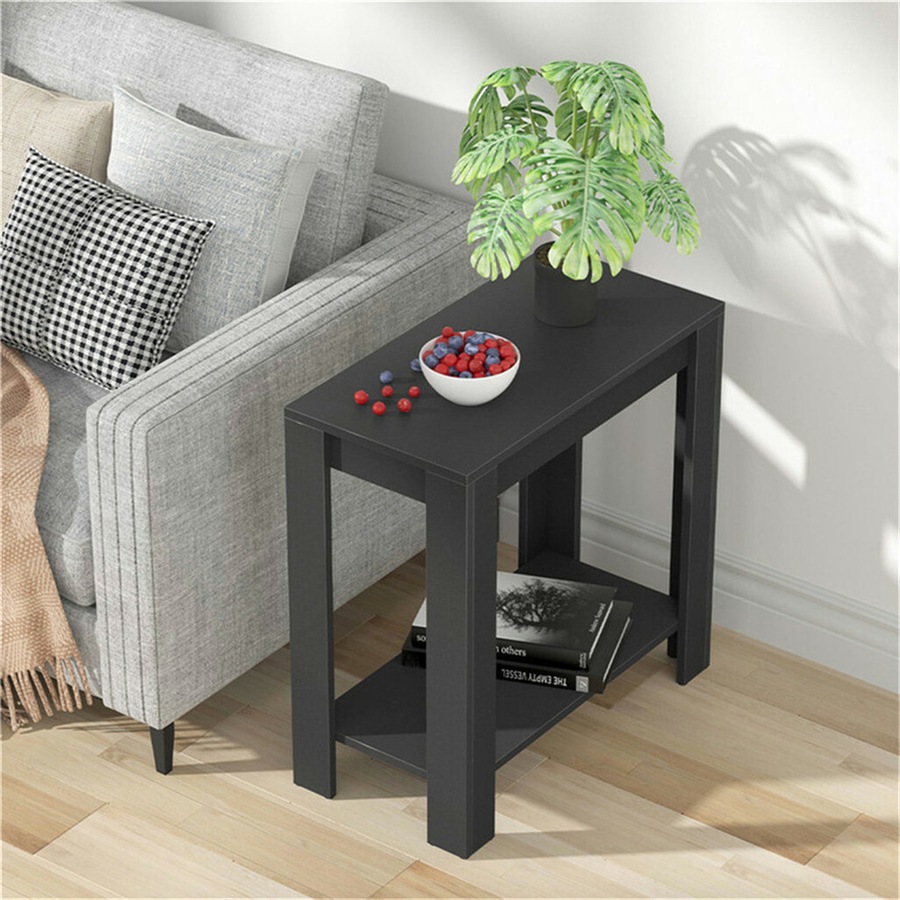 Retro Chairside End Table Slim Sofa Side Table Bedside Nightstand with Open Shelf