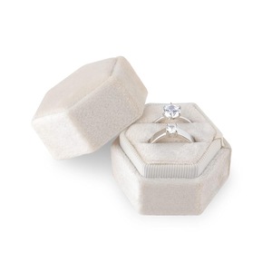 Velvet Ring Box For Jewelry Gift, Double Slots Hexagon Ring Case Box For Proposal Engagement Wedding Ceremony Valentines Day Holding 2 Rings (Beige)