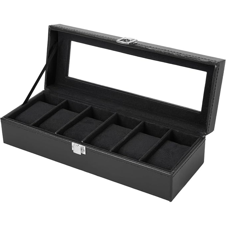 Watch Box, 6 Slot Watch Holder With Glass Lid, Pu Leather Watch Case Watch Box For Men And Women, Watch Display Storage Box, Valentines Day Birthday, Black