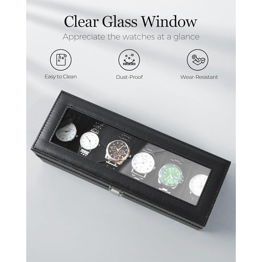 Watch Box, 6 Slot Watch Holder With Glass Lid, Pu Leather Watch Case Watch Box For Men And Women, Watch Display Storage Box, Valentines Day Birthday, Black