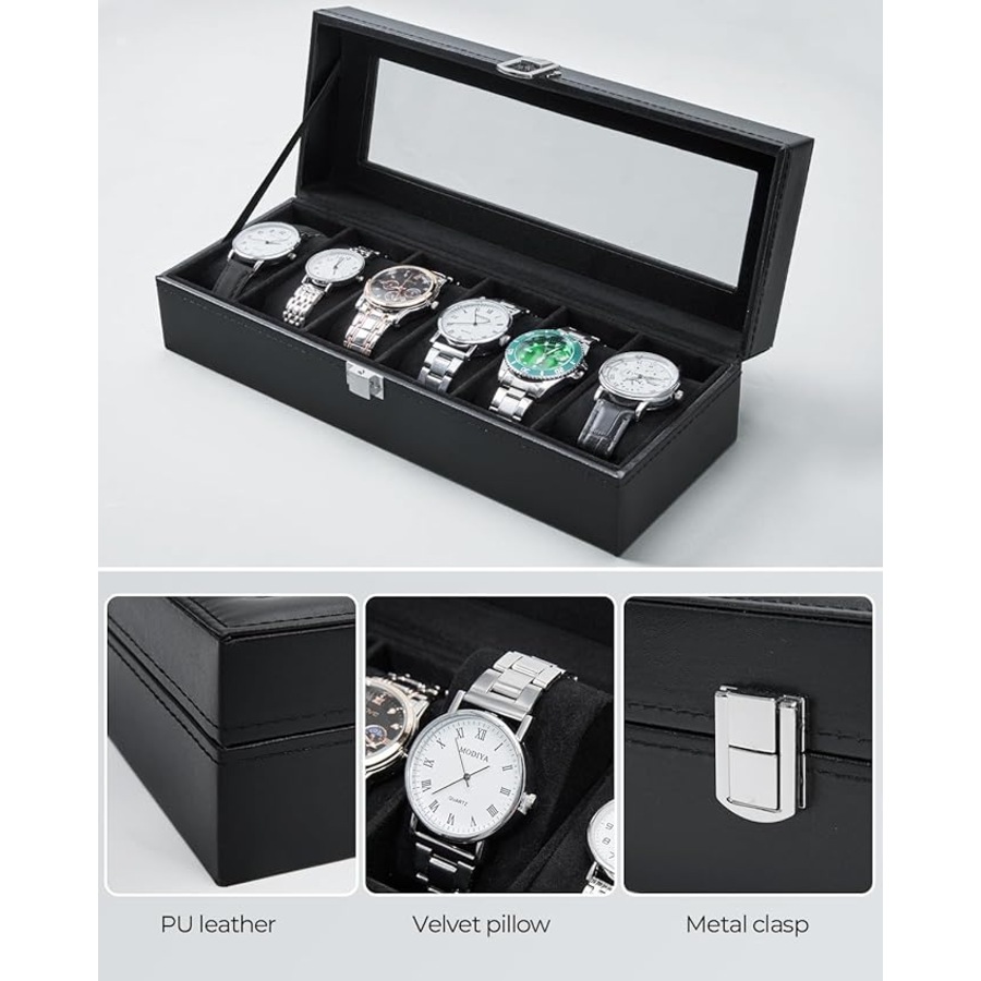 Watch Box, 6 Slot Watch Holder With Glass Lid, Pu Leather Watch Case Watch Box For Men And Women, Watch Display Storage Box, Valentines Day Birthday, Black