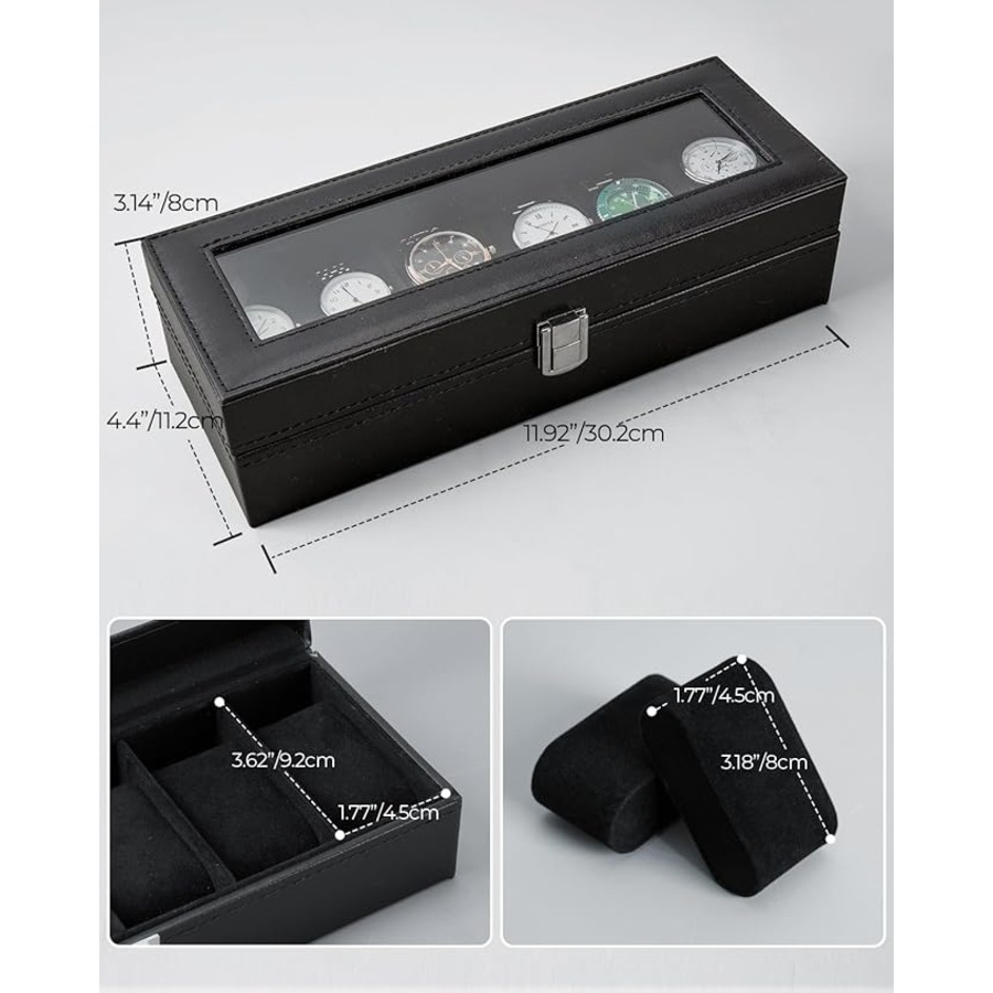 Watch Box, 6 Slot Watch Holder With Glass Lid, Pu Leather Watch Case Watch Box For Men And Women, Watch Display Storage Box, Valentines Day Birthday, Black