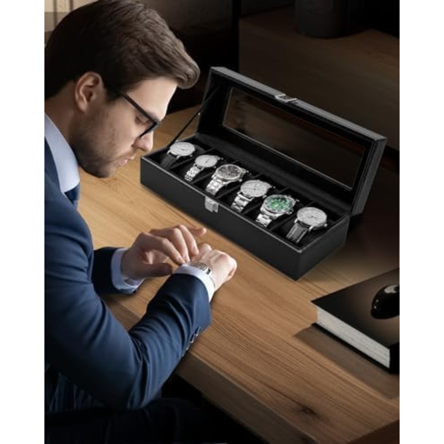 Watch Box, 6 Slot Watch Holder With Glass Lid, Pu Leather Watch Case Watch Box For Men And Women, Watch Display Storage Box, Valentines Day Birthday, Black