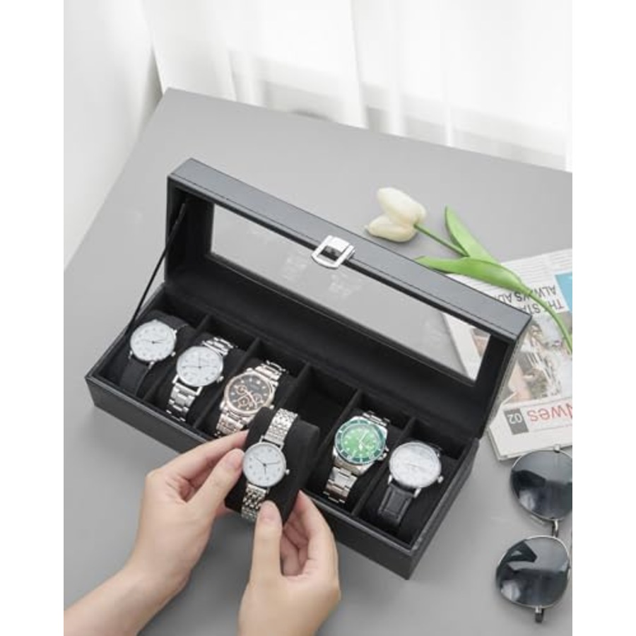 Watch Box, 6 Slot Watch Holder With Glass Lid, Pu Leather Watch Case Watch Box For Men And Women, Watch Display Storage Box, Valentines Day Birthday, Black