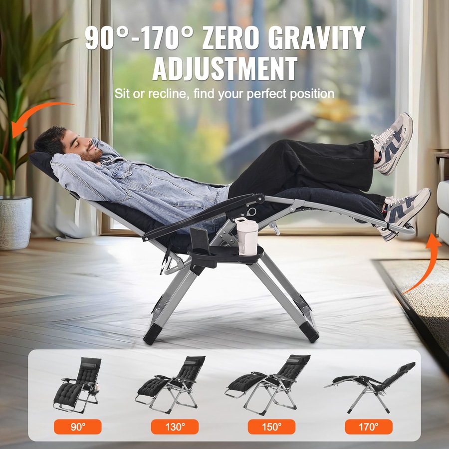 Zero Gravity Chair, 26-In Heavy Duty Anti Gravity Recliner Lounge Chair with Cushion, Headrest and Cup Holder, 500 lbs Capacity