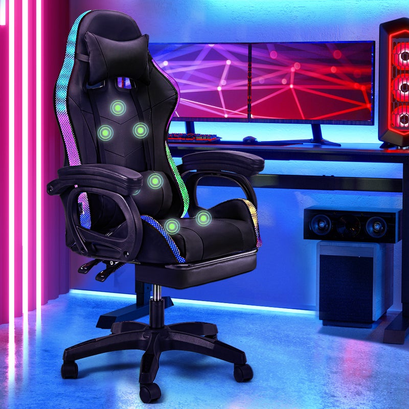 Swivel Gaming Chair Ergonomic Recliner w/ RGB LED Lights Massage Lumbar  Support