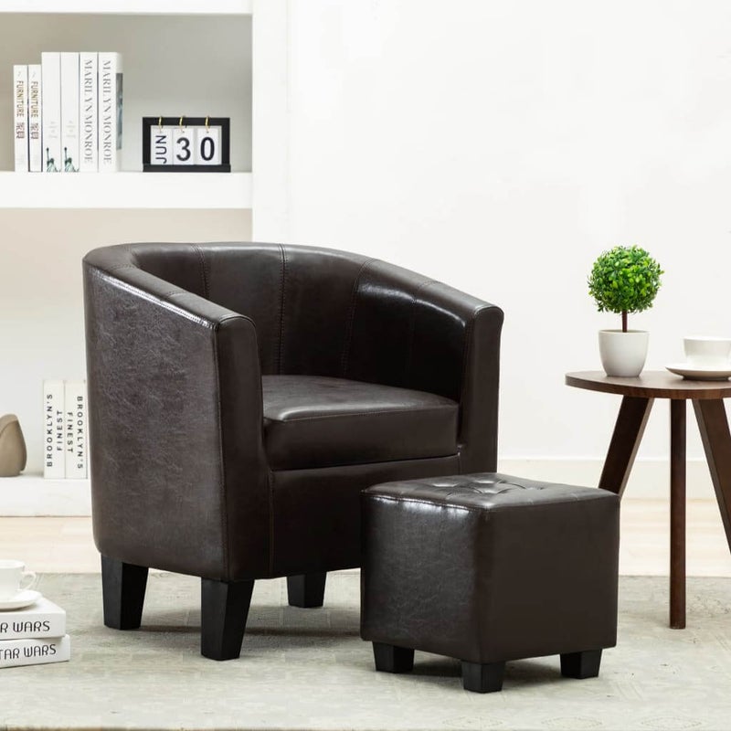 Tub Chair With Footstool Dark Brown, Dark Brown Faux Leather Tub Chair