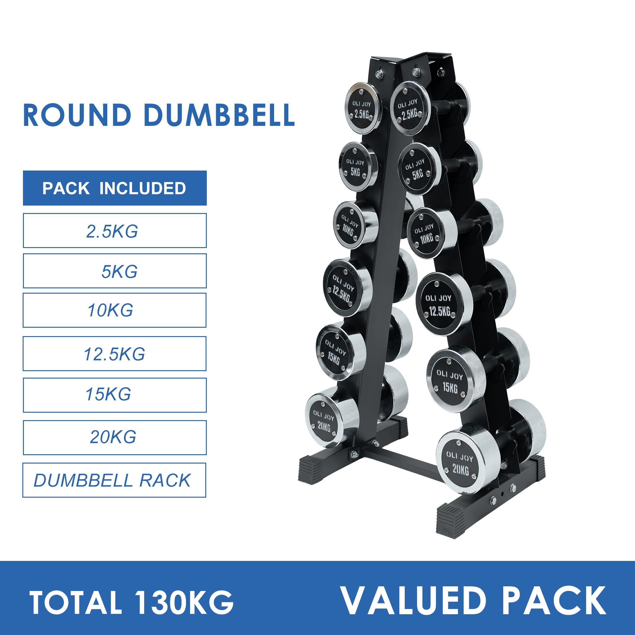 2.5kg to 20kg Chrome Round Dumbbell & Storage Rack Bundle (6 pairs - 130kg) Australia