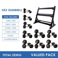 2.5kg to 22.5kg Hex Dumbbell & Storage Rack Bundle (9 pairs -225kg)