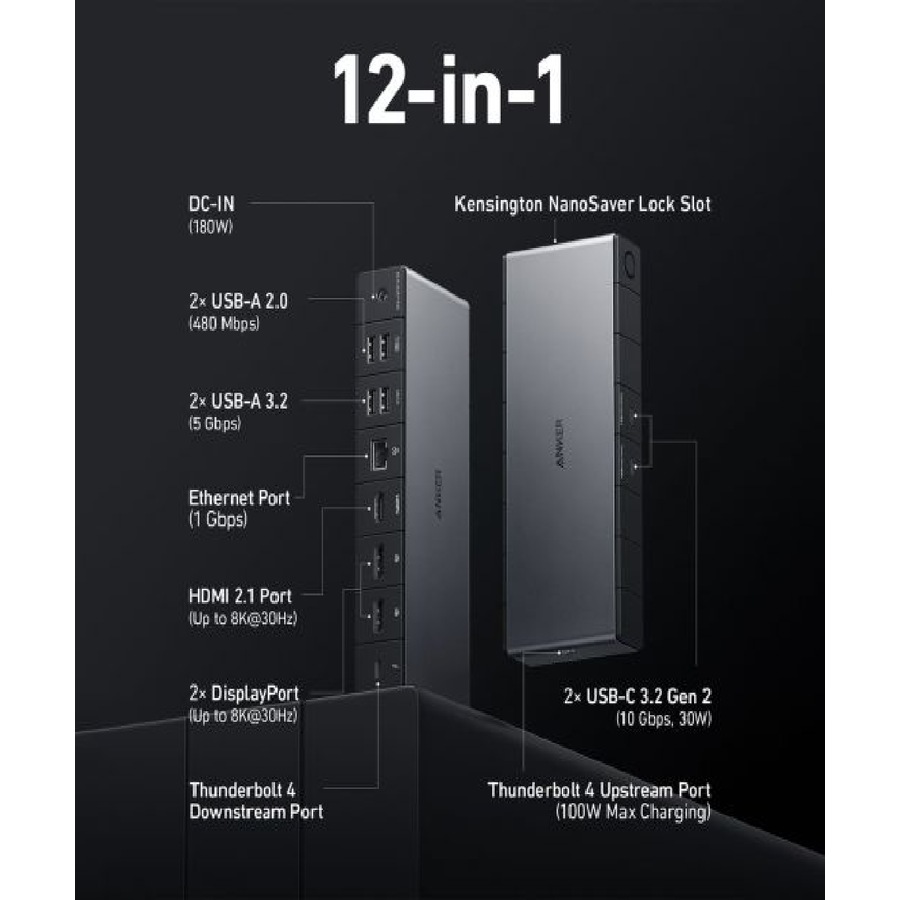 Anker 778 12-in-1 Thunderbolt 4 Docking Station - Black