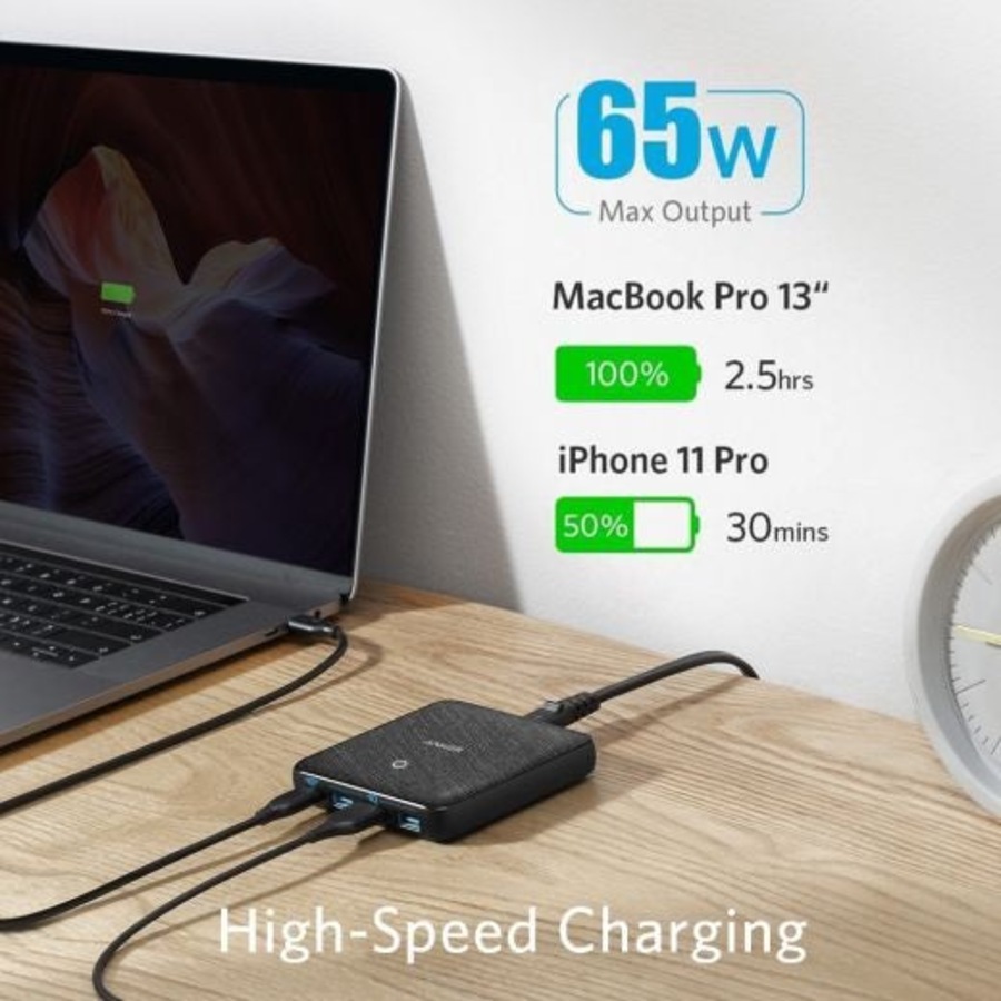 Anker PowerPort Atom III Slim 65W USB-C Port Charger - Black Fabric