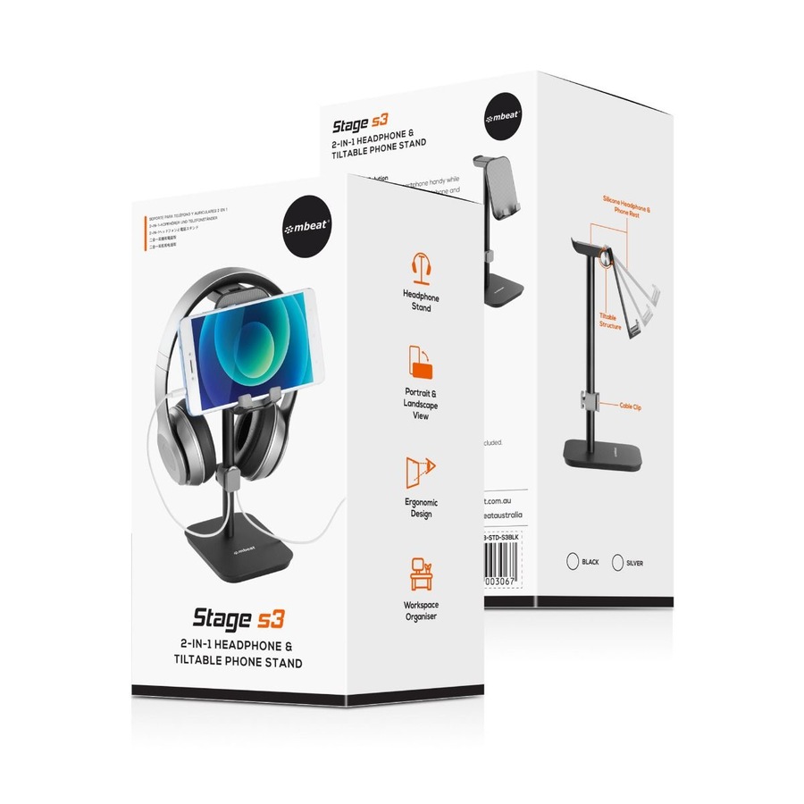mbeat Stage S3 2 in 1 Headphone & Tiltable Phone Stand - Black