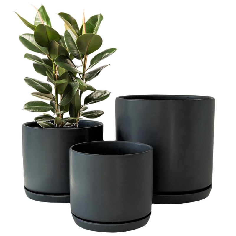 Buy Matt Black Flower Pots Garden Planters Set 3 Indoor Outdoor Ceramic Plant pots Round with